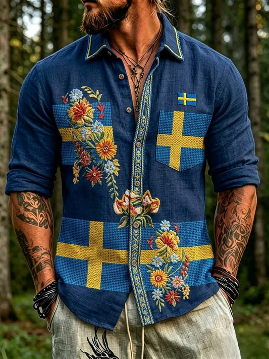 Men's retro Swedish National Day Midsummer folkloric floral long-sleeved shirt