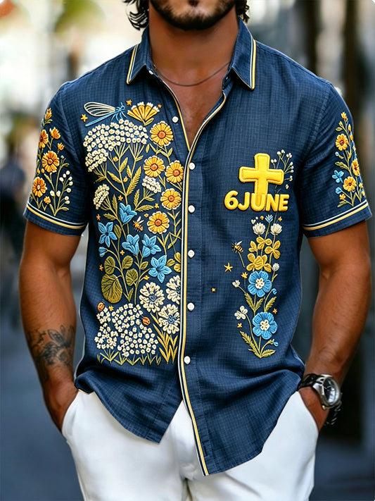 Men's deep blue Swedish National Day floral pattern casual short sleeve shirt