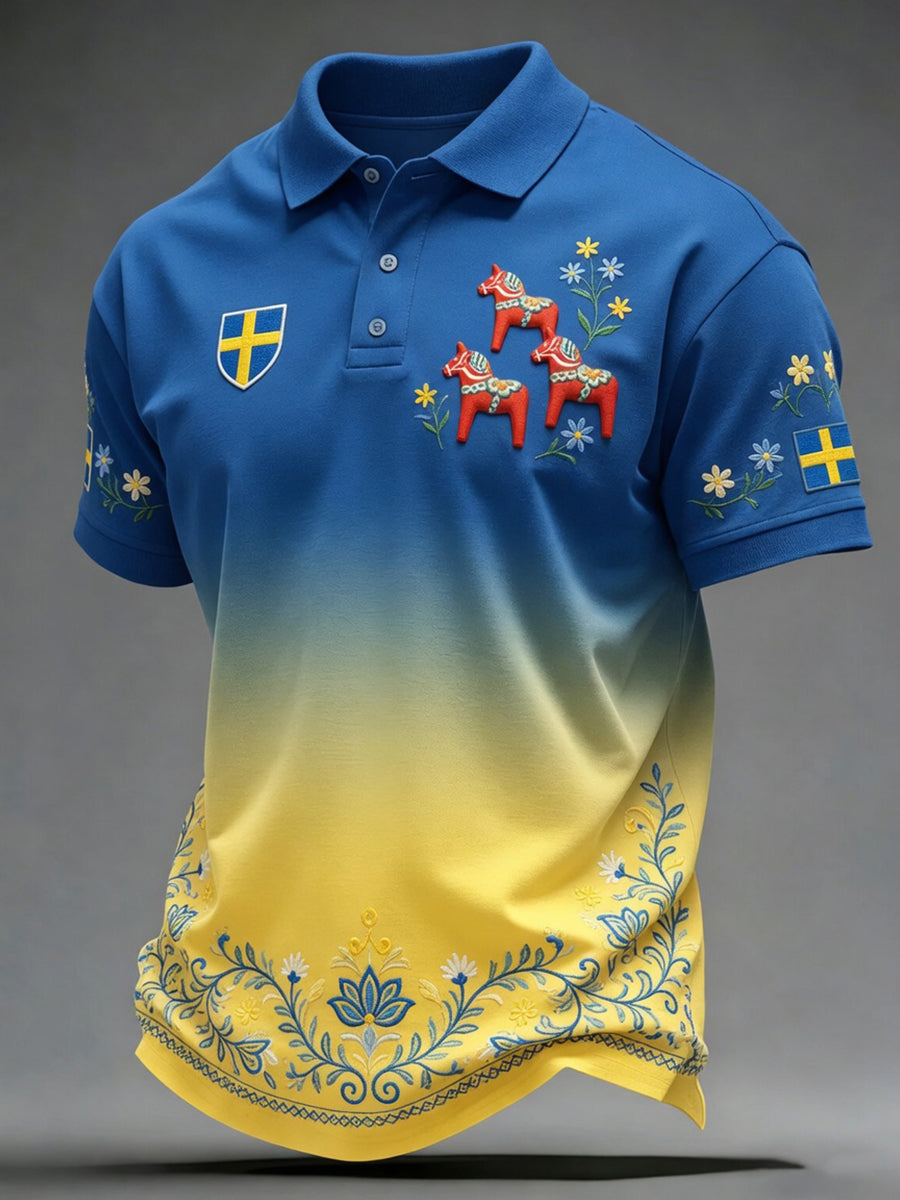 Men's Retro Swedish Dala Horse Floral Embroidery Art Print Casual Polo Shirt