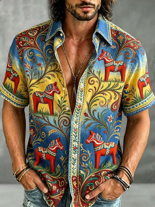 Men's Retro Swedish Dala Horse Floral Embroidery Art Print Casual Shirt T-Shirt