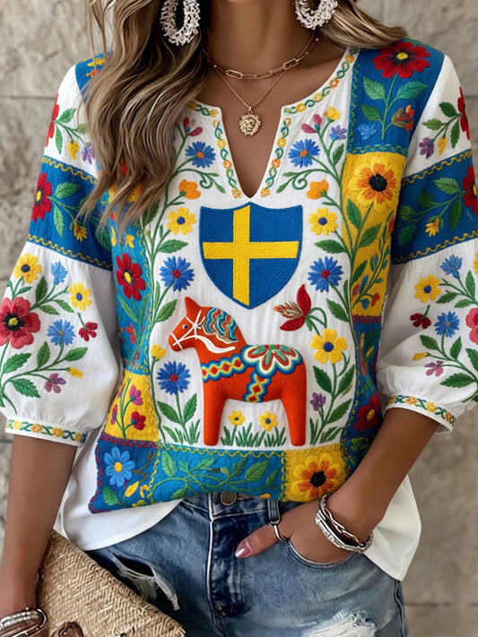 Women's Retro Swedish Dala Horse Floral Embroidery Art Print Casual Tank Top