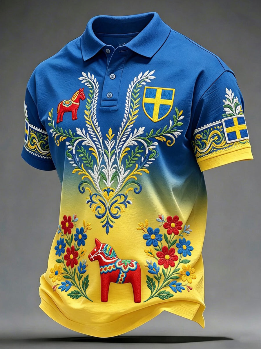Herrretro svensk dalahäst blommig brodyr konsttryck avslappnad polotröja