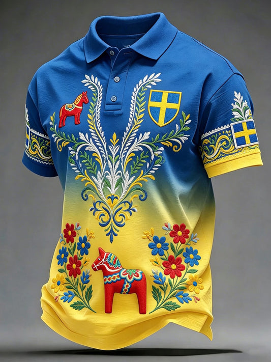 Men's Retro Swedish Dala Horse Floral Embroidery Art Print Casual Polo Shirt