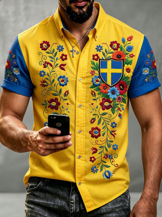 Men's Retro Swedish Dala Horse Floral Embroidery Art Print Casual Shirt T-Shirt