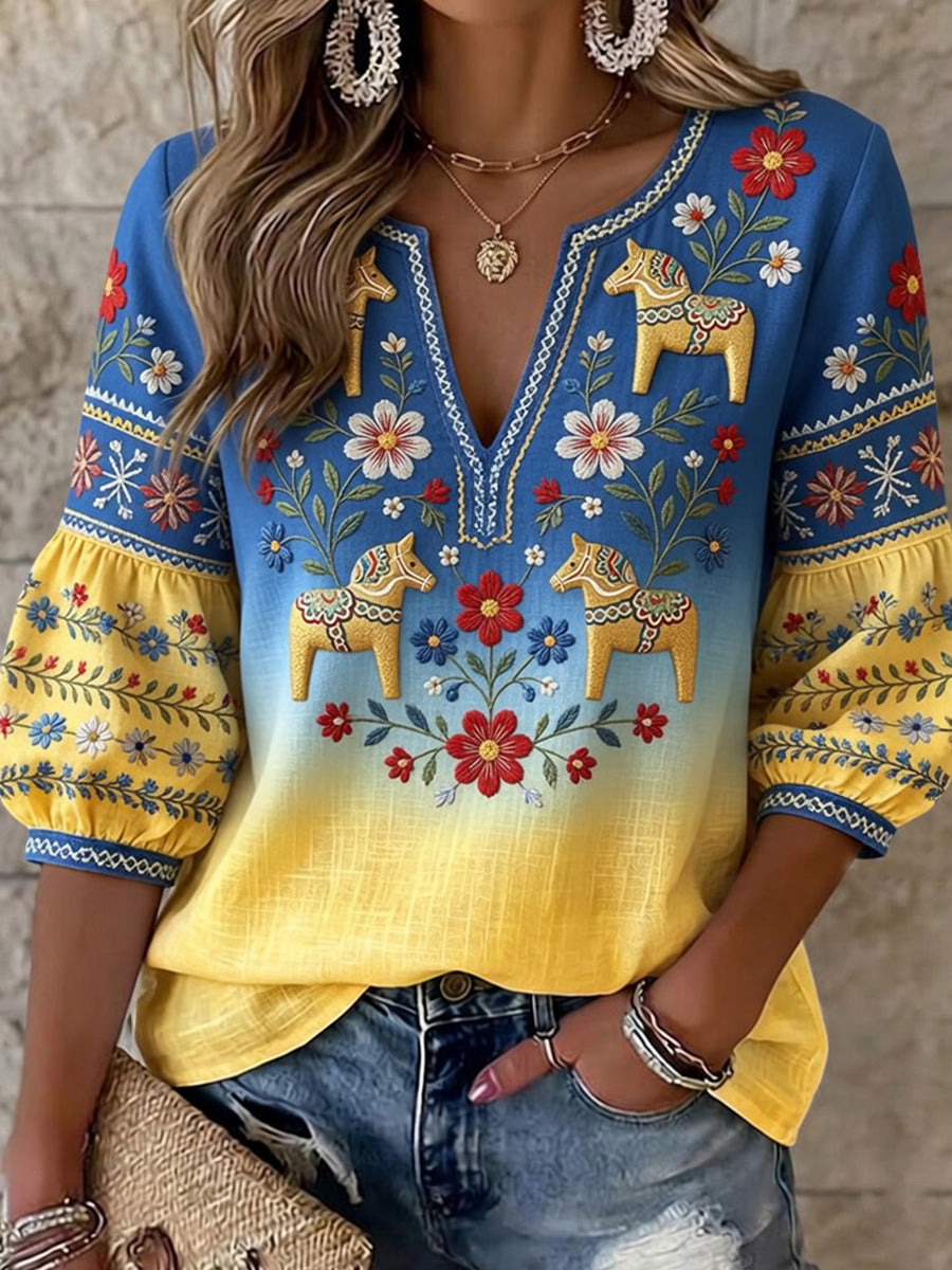 Dams Retro Svensk Dalahäst Blommig Broderi Konsttryck Avslappnad Topplåda