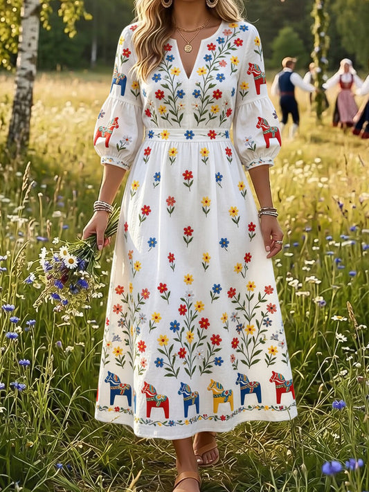 Women's vintage-style dress with Swedish Dala horse and floral embroidery, art print, casual style