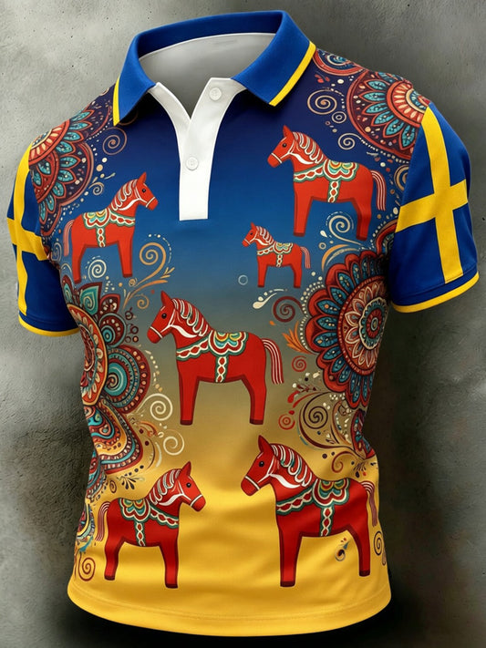 Men's Retro Swedish Dala Horse Floral Embroidery Art Print Casual Polo Shirt