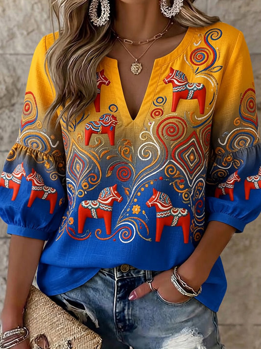 Women's Retro Swedish Dala Horse Floral Embroidery Art Print Casual Tank Top