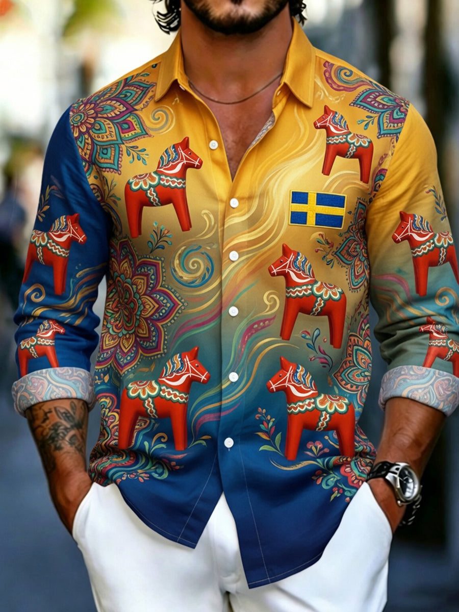 Men's Retro Swedish Dala Horse Floral Embroidery Art Print Casual Shirt