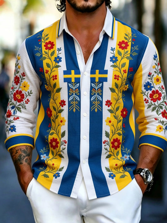 Men's Retro Swedish Dala Horse Floral Embroidery Art Print Casual Shirt