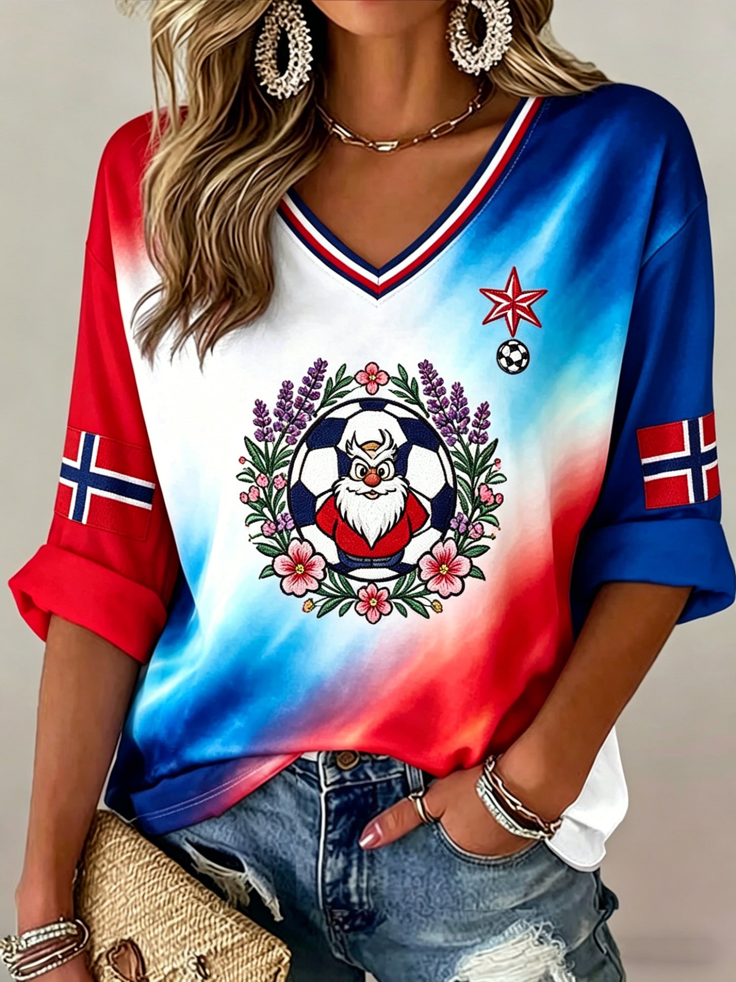 Women's Norway Football Match Cheerleaders Fan Art Print V-Neck Top