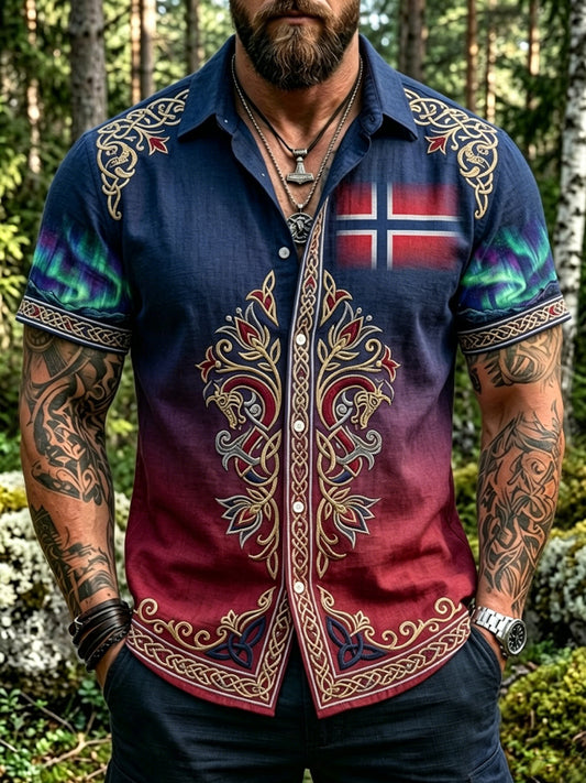 Men's Vintage Norwegian Aurora Patchwork Artistic Casual Shirt