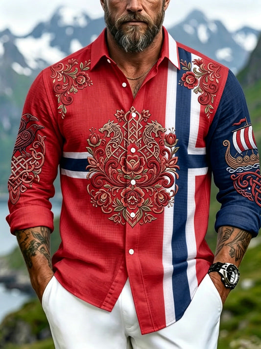 Men's Vintage Norwegian Print Patchwork Art Leisure Shirt