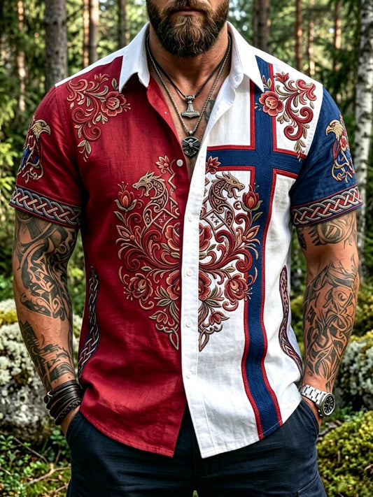 Men's Vintage Norwegian Print Patchwork Casual Shirt