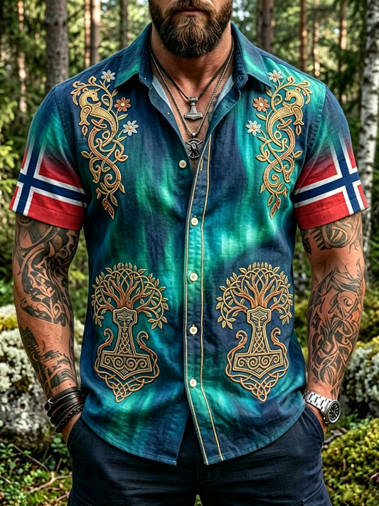 Men's Vintage Norwegian Northern Lights Print Patchwork Casual Shirt