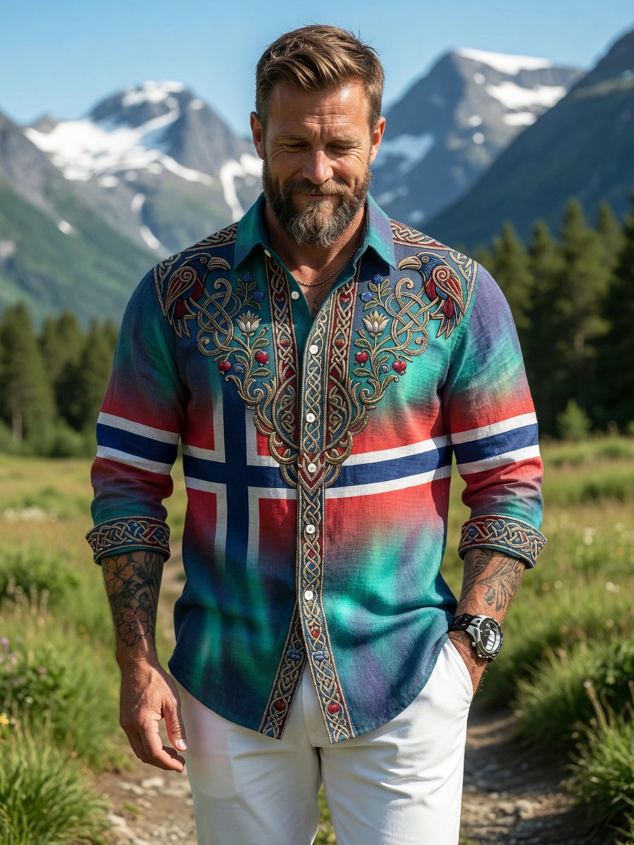 Herr retro aurora patchwork fritidsskjorte