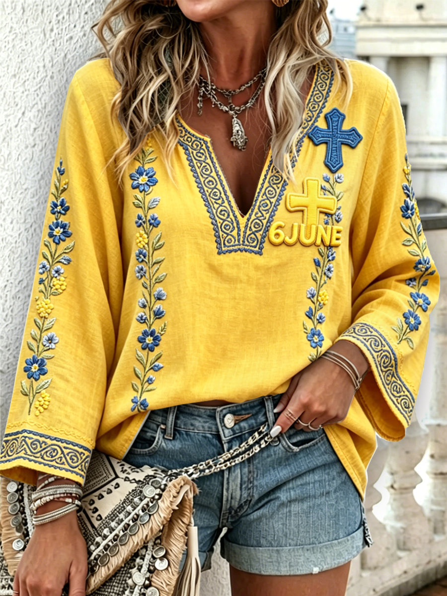 Women's black and yellow Swedish floral print T-shirt for National Day, casual style with V-neck and long sleeves