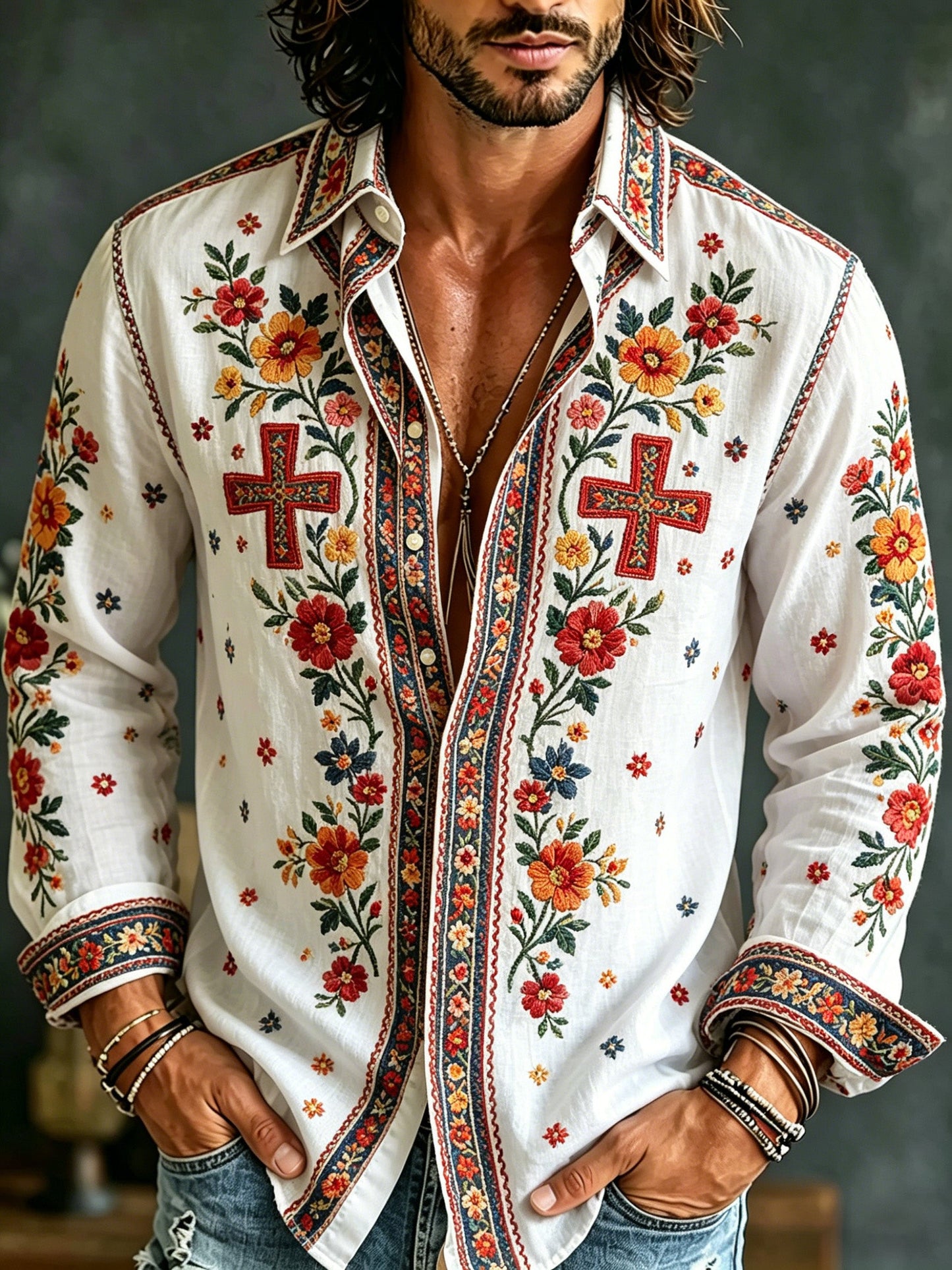 Herrtröja med långa ärmar och konstprint som hyllar den svenska midsommarfesten