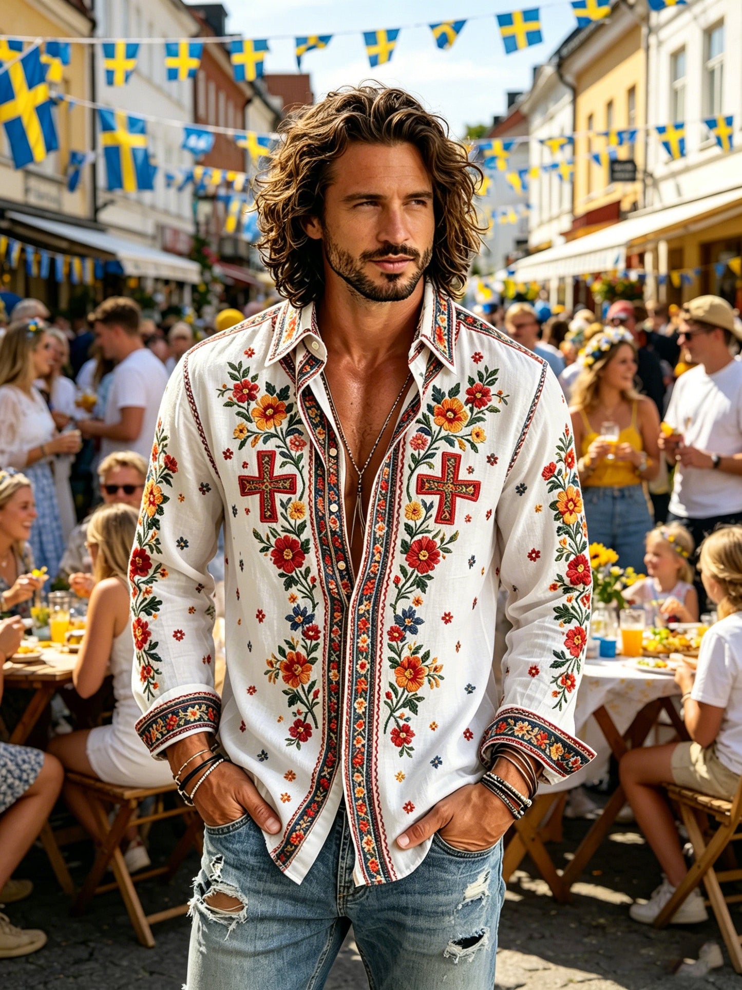 Herrtröja med långa ärmar och konstprint som hyllar den svenska midsommarfesten