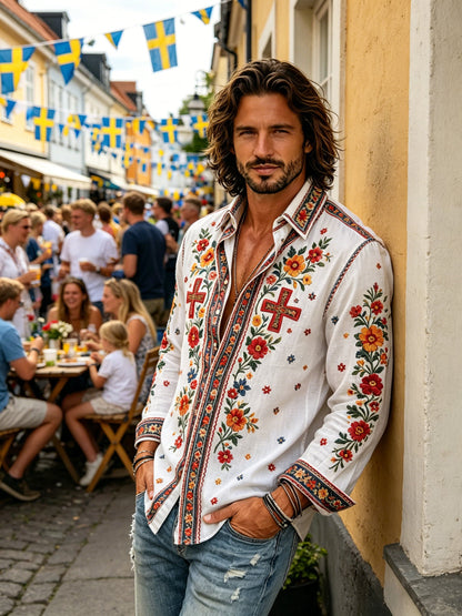 Herrtröja med långa ärmar och konstprint som hyllar den svenska midsommarfesten