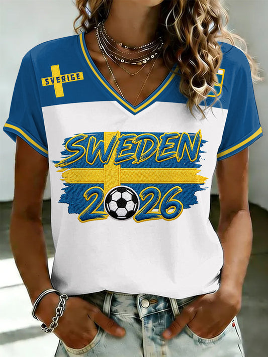 Women's Swedish football jersey with printed V-neck