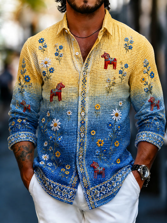 Men's waffle weave shirt with midsummer flower pattern and long sleeves for everyday wear