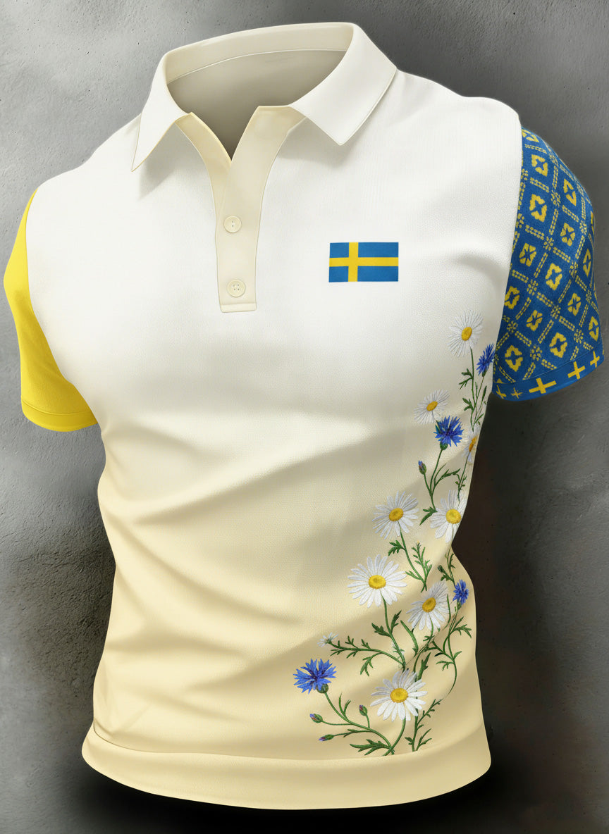 Herrpolotröja med konsttryck till minne av den svenska midsommarfesten, kortärmad