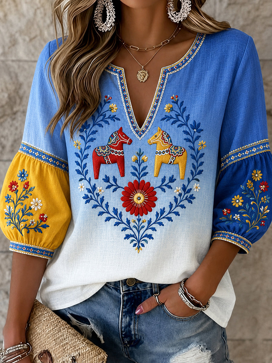 Damernas retrostilade svensk dalahäst broderad blomsterkonsttryckt avslappnad topp