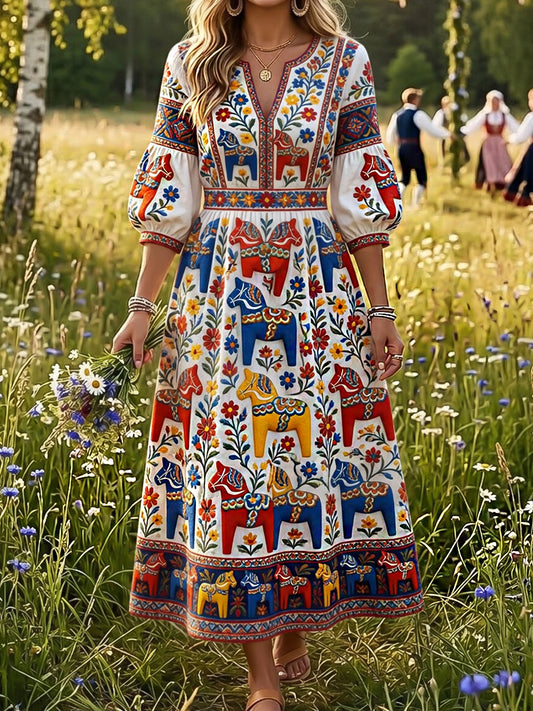 Women's vintage-style dress with Swedish Dala horse, embroidered floral art, and a relaxed fit