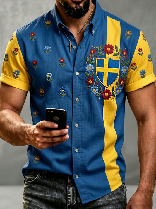 Men's Retro Swedish Dala Horse Embroidered Floral Art Print Casual Shirt