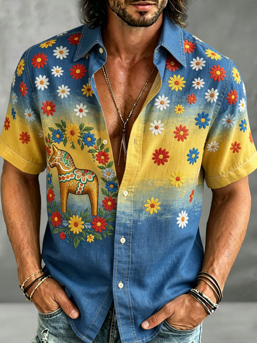Herrskjorta i retrostil med svensk dalahäst och broderad blomsterkonst, avslappnad stil