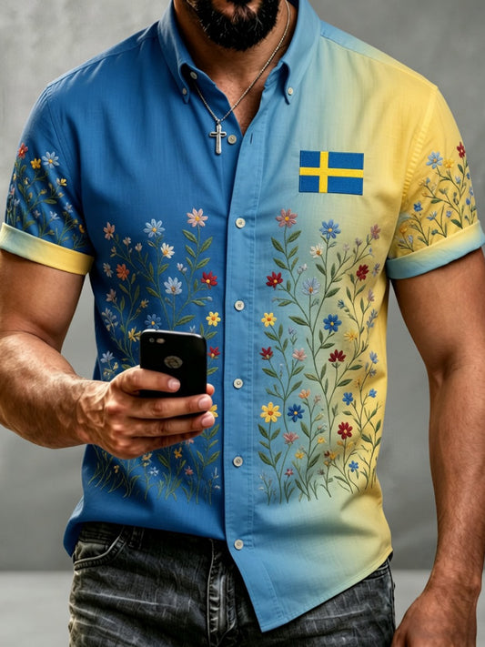 Men's retro-style shirt with Swedish Dala horse and embroidered floral art, relaxed fit