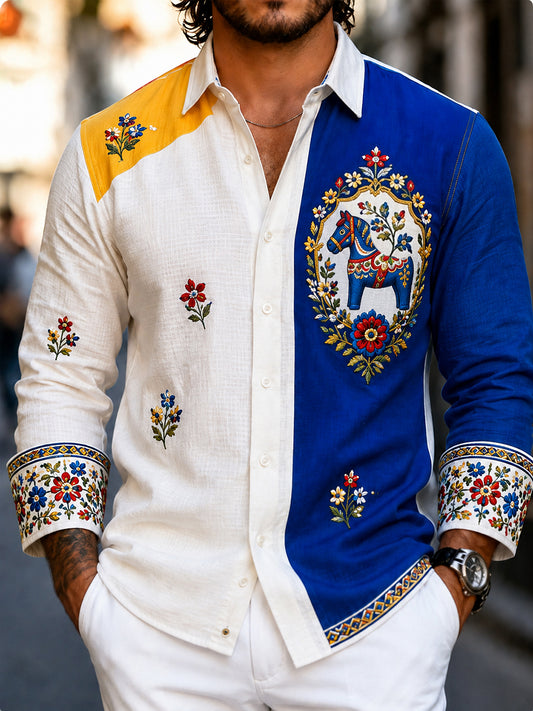 Men's retro-style shirt with Swedish Dala horse and embroidered floral art, relaxed fit