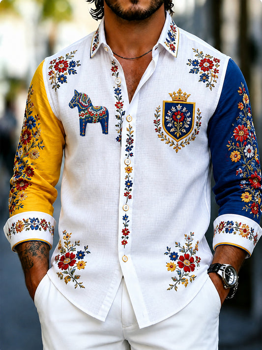 Men's retro-style shirt with Swedish Dala horse and embroidered floral art, relaxed fit