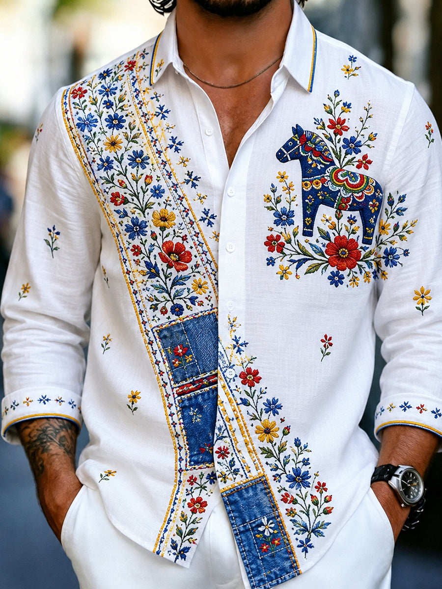 Herrskjorta i retrostil med svensk dalahäst och broderad blomsterkonst, avslappnad stil