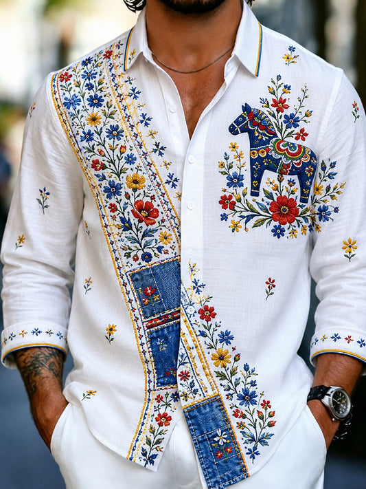 Men's retro-style shirt with Swedish Dala horse and embroidered floral art, relaxed fit