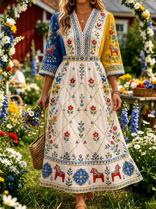 Women's vintage-style dress with Swedish Dala horse, embroidered floral art, and a relaxed fit