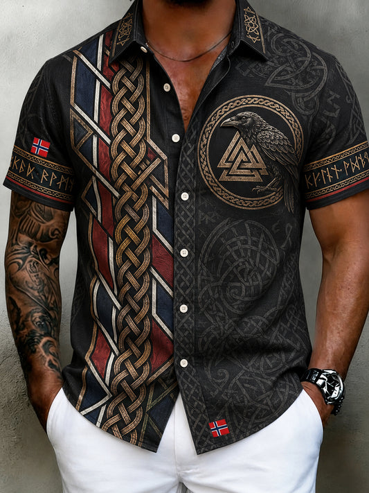 Men's retro Nordic style cultural blouse with Norwegian art print, made of cotton and linen