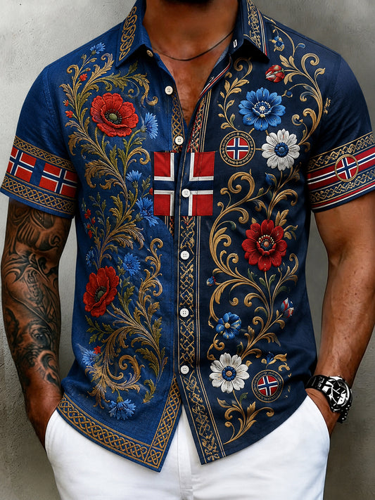 Men's retro Nordic style cultural blouse with Norwegian art print, made of cotton and linen