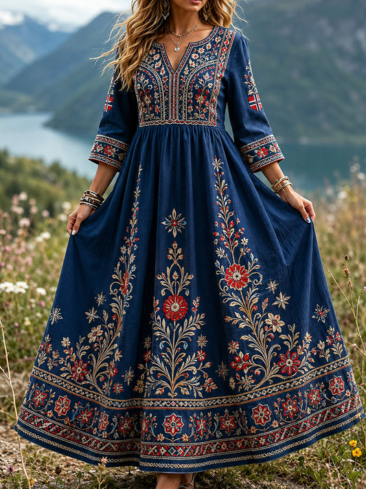 Women's dress in retro Scandinavian style made of cotton-linen with Norwegian art print
