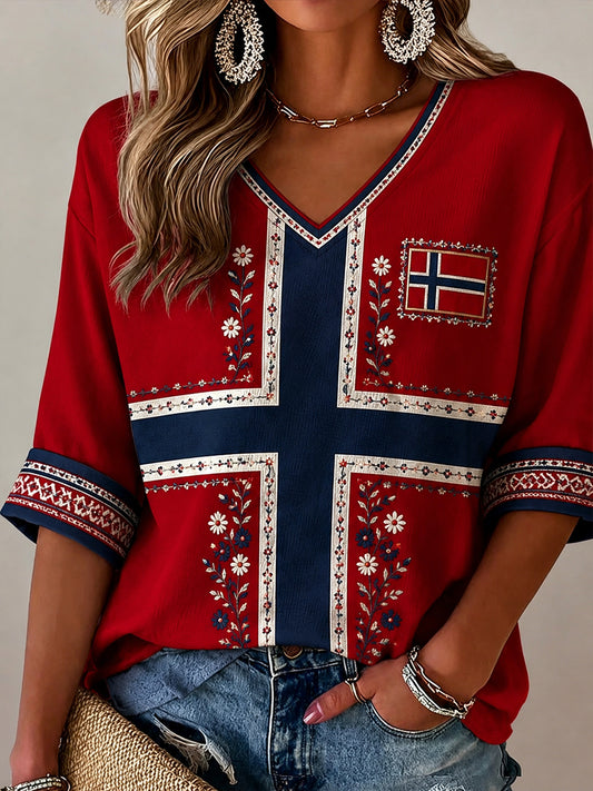 Women Retro Nordic Style Norwegian Art Print Casual Cotton and Linen Comfortable Top