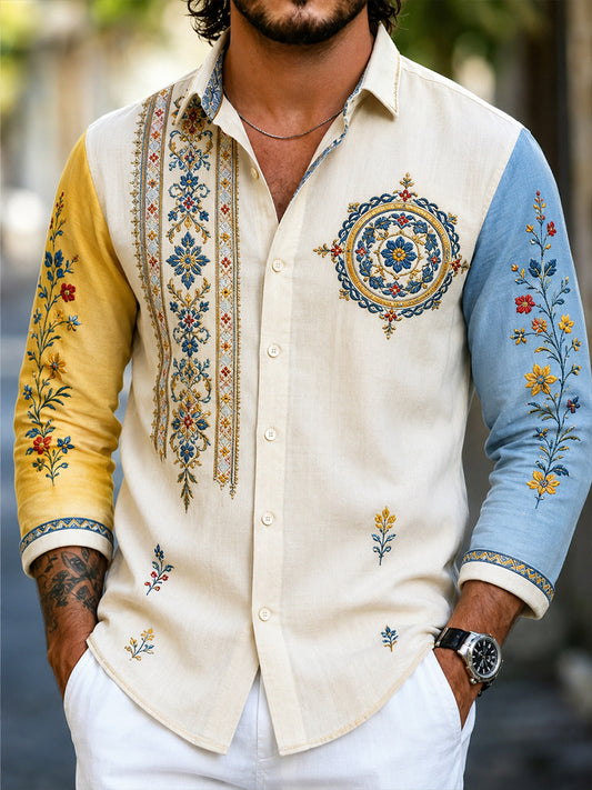 Men's retro-style shirt with Swedish Dala horse and embroidered floral art, relaxed fit