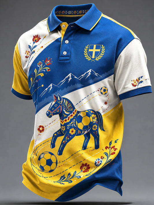 Men's Swedish Football Supporter Art Print Short Sleeve Polo