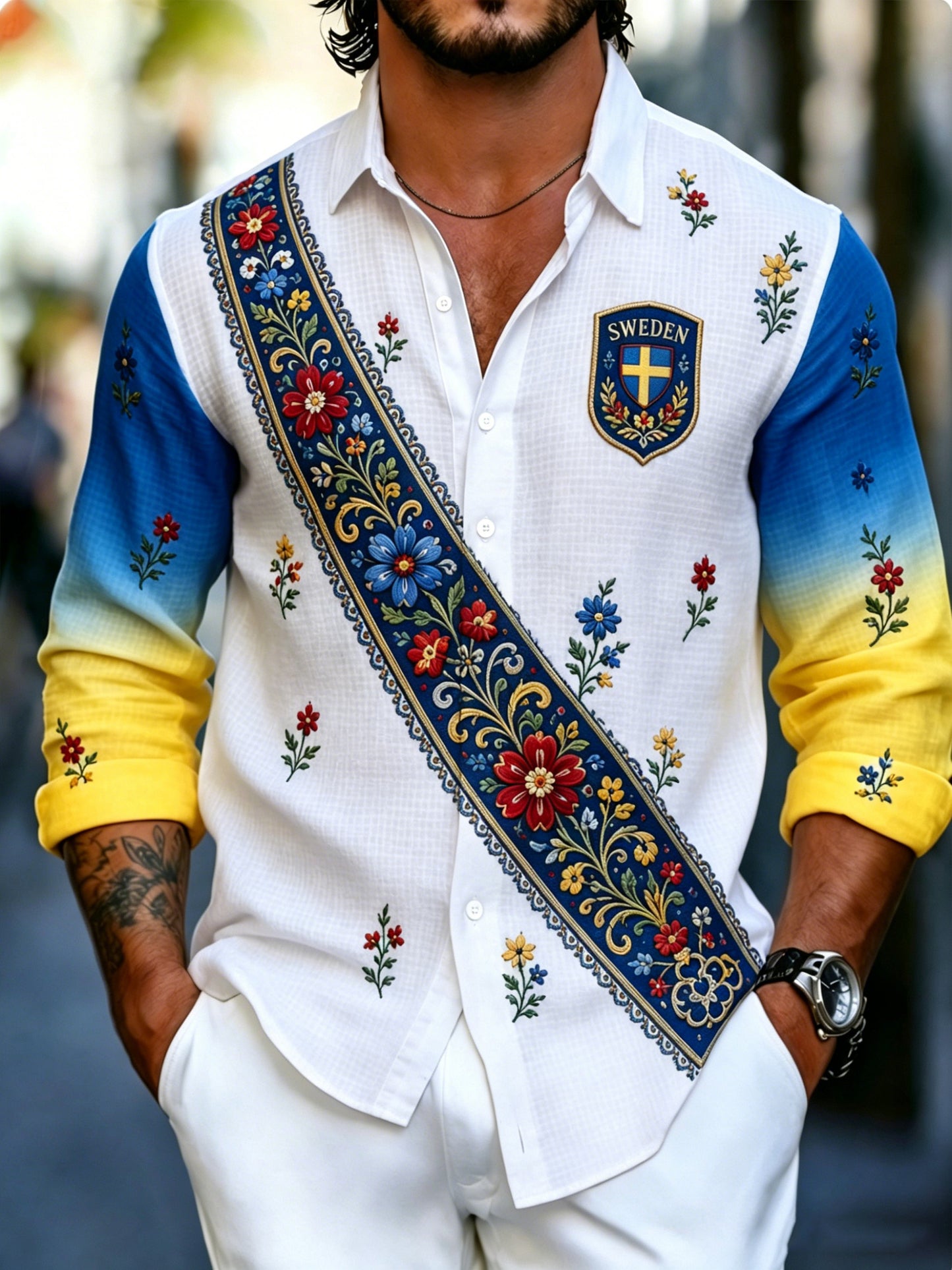 Herrskjorta med konsttryck, långärmad, till minne av svenska högtider och festivaler