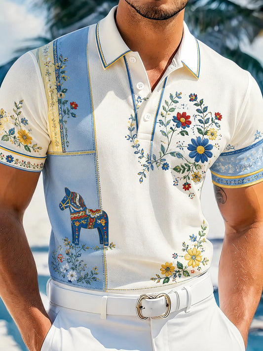 Men's polo shirt with art print commemorating Swedish holidays and festivals, short-sleeved