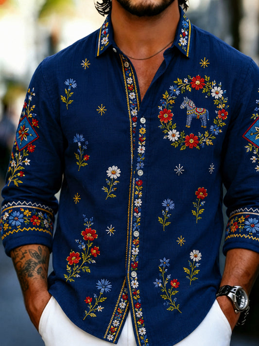 Men's retro-style shirt with Swedish Dala horse and embroidered floral art, relaxed fit
