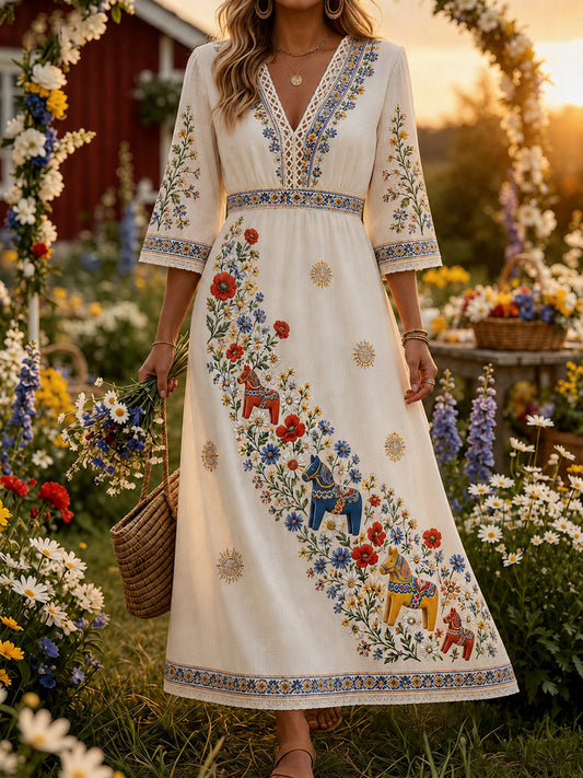 Retro Midsummer Festival Art Print Casual Dress