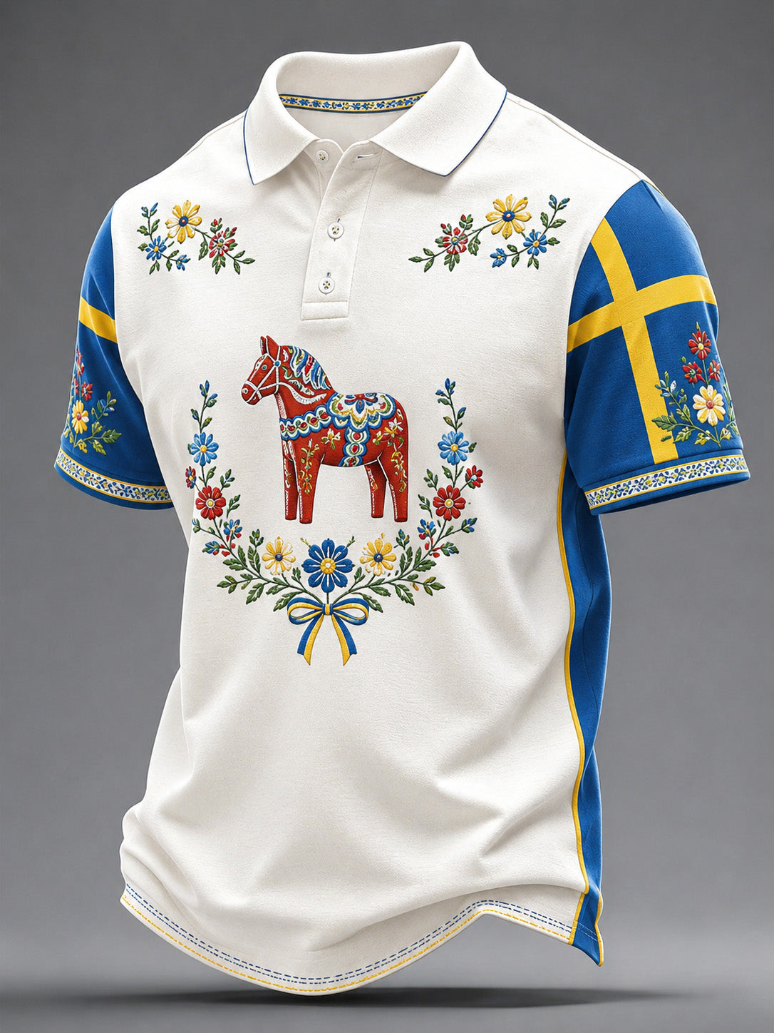 Men's polo shirt with art print commemorating Swedish holidays and festivals, short-sleeved
