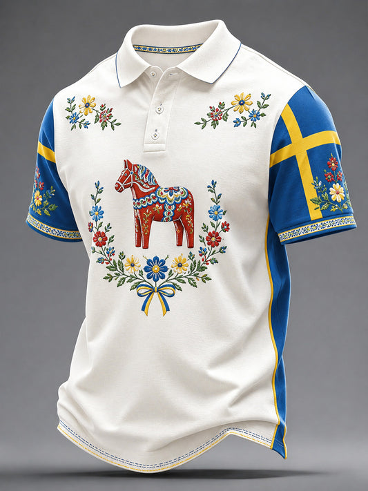 Men's polo shirt with art print commemorating Swedish holidays and festivals, short-sleeved