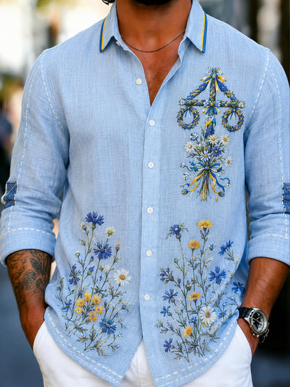 Men's retro-style shirt with Swedish Dala horse and embroidered floral art, relaxed fit